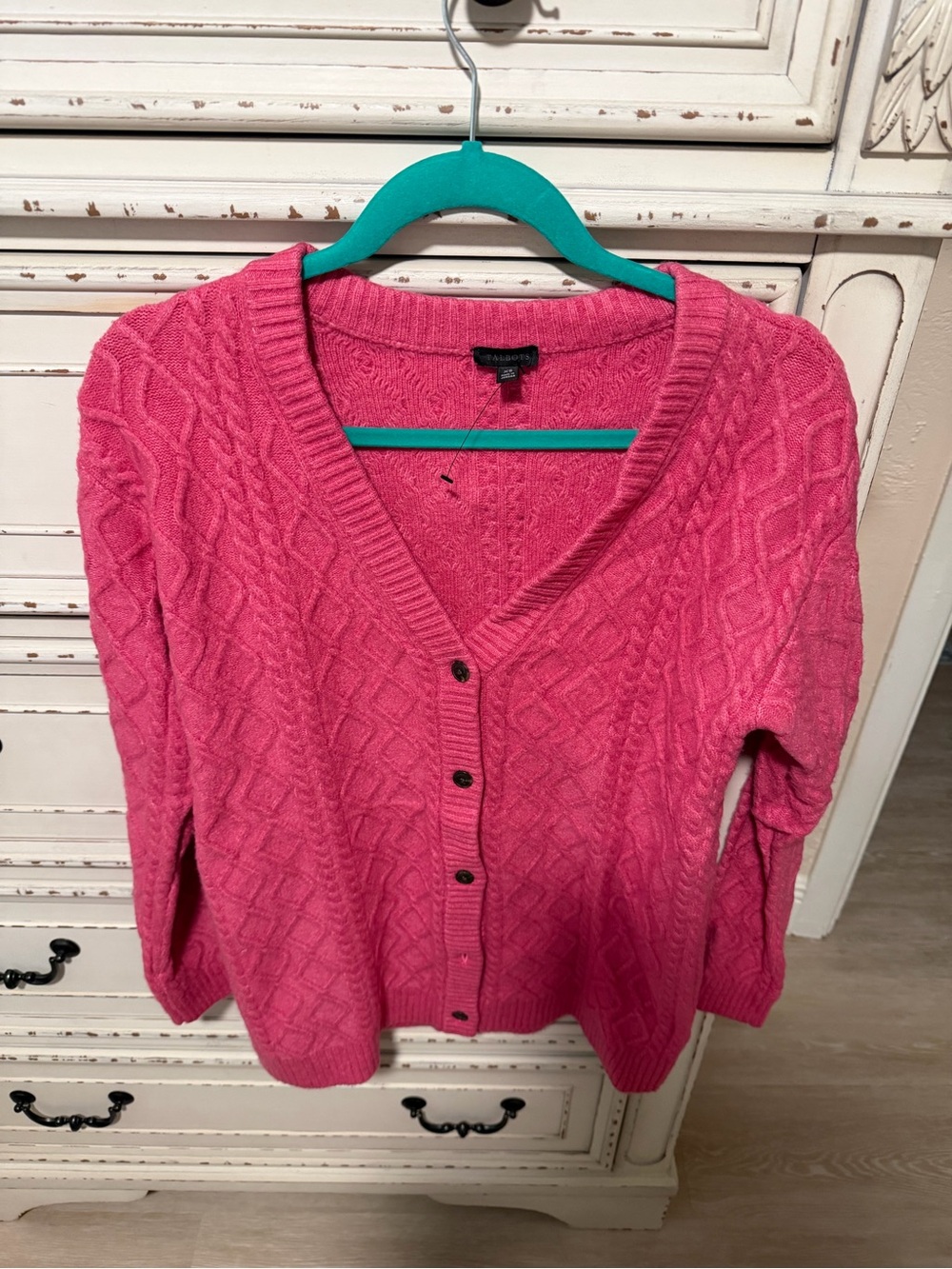 Talbots Hot Pink Cable-Knit V-Neck Button-Front Cardigan- Thick and Warm